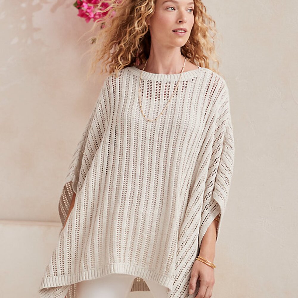 Garnet Hill ~ Black Linen & Organic Cotton Crochet Open Weave Poncho in OS - Picture 13 of 14